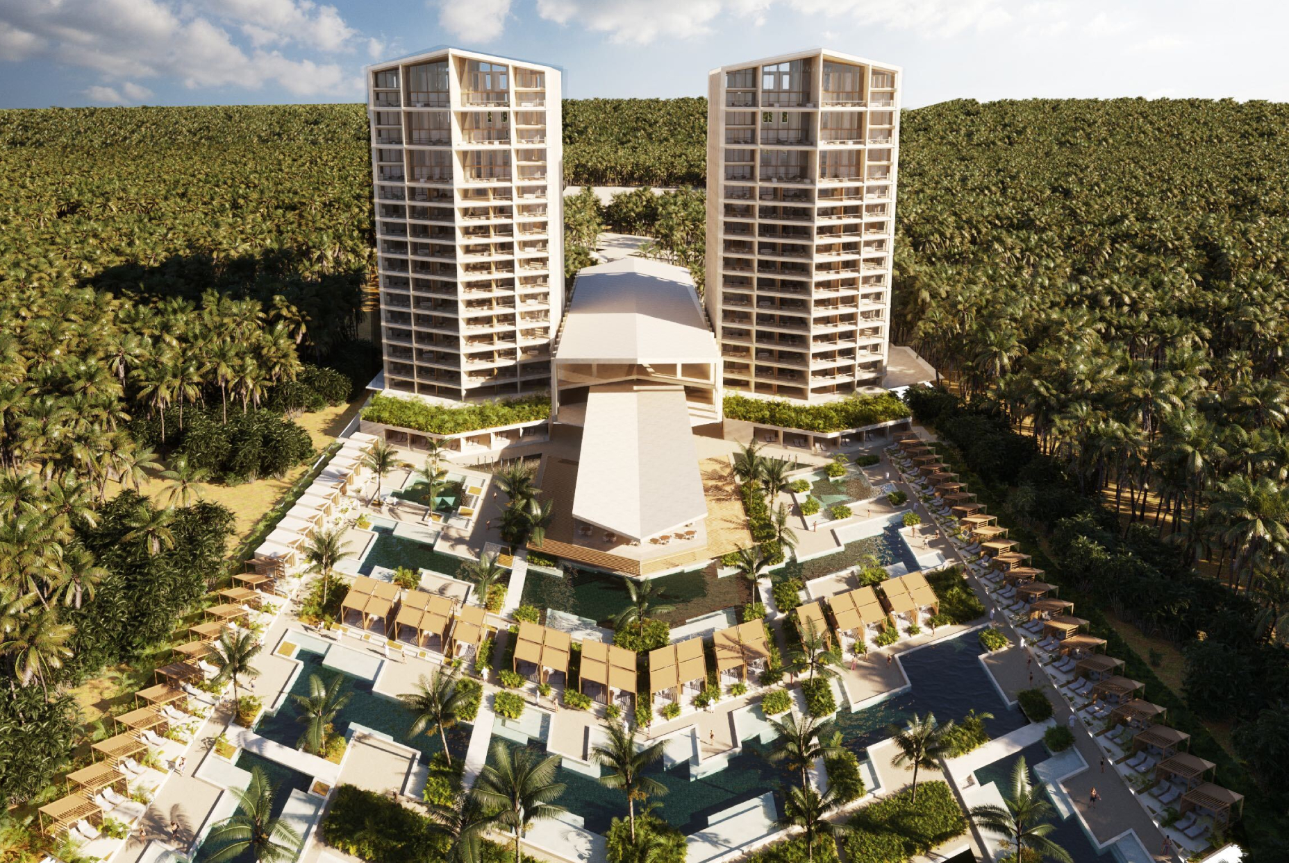 aerial view of two towers of Doma Residences in Punta Cana